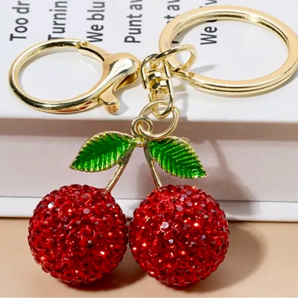 Red Cherry Keychain with Gold Accents